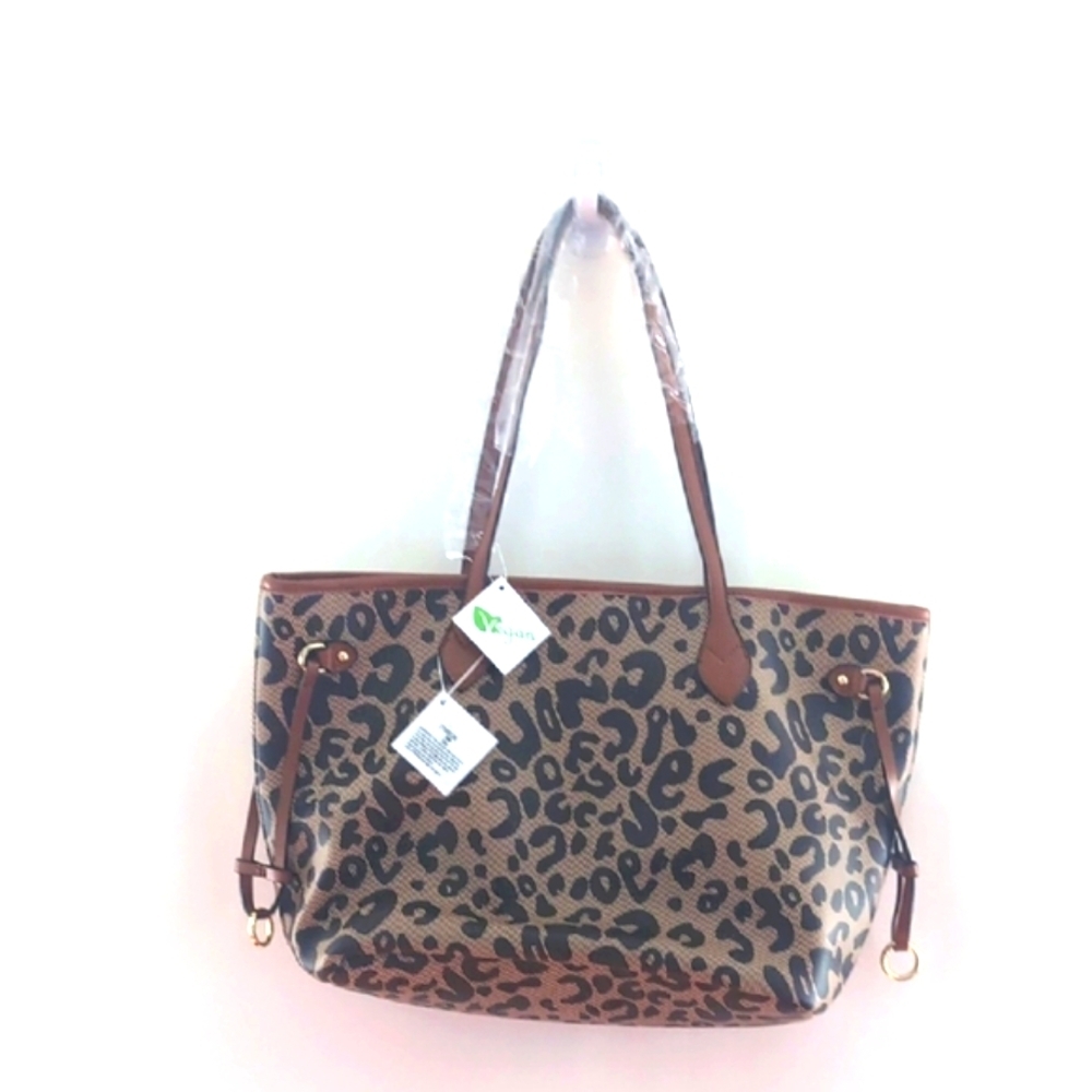 Retro Style Leopard Pattern Tote Bag With Clutch & Coin Bag Vegan Leather